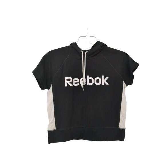 Reebok Tops - Reebok Cropped Hoodie Shirt Women S Black White Short Sleeve Pullover Athleisure